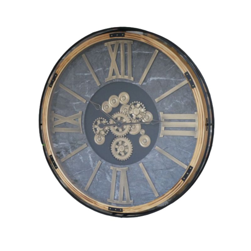 Extra-large round clock with a grey face, wood-toned rim, Roman numerals and decorative gold cogs.