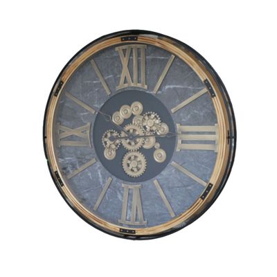 Extra-large round clock with a grey face, wood-toned rim, Roman numerals and decorative gold cogs.
