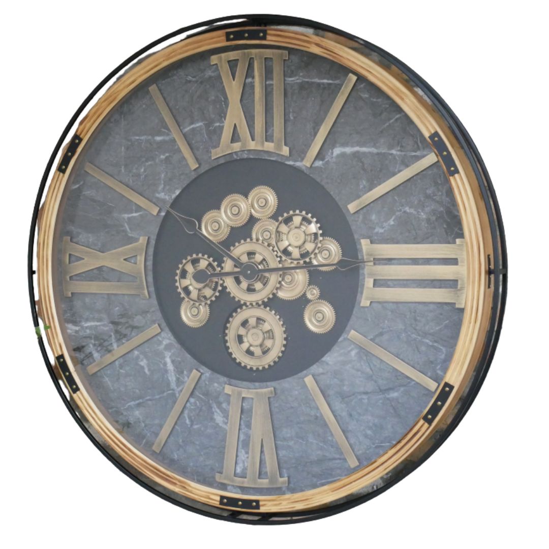 Extra-large round clock with a grey face, wood-toned rim, Roman numerals and decorative gold cogs.
