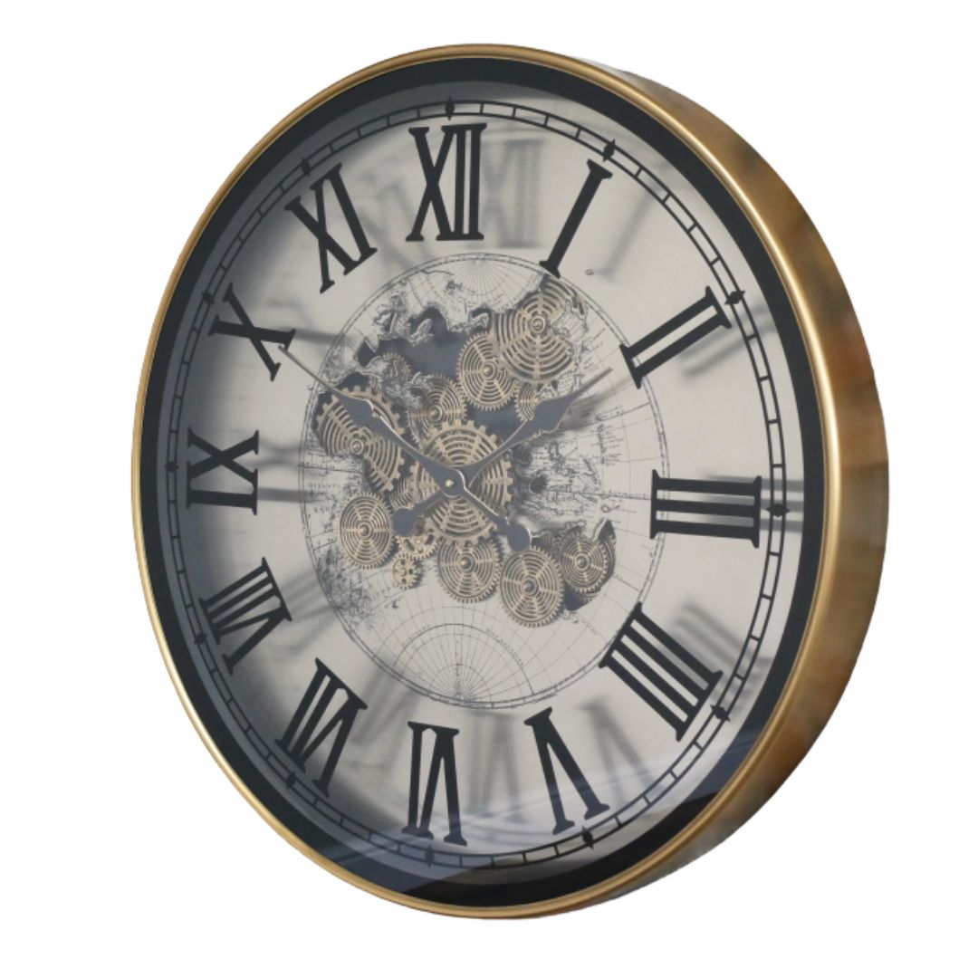 Extra-large round clock with an antique-brass frame, Roman numerals, a world map and decorative central cogs.
