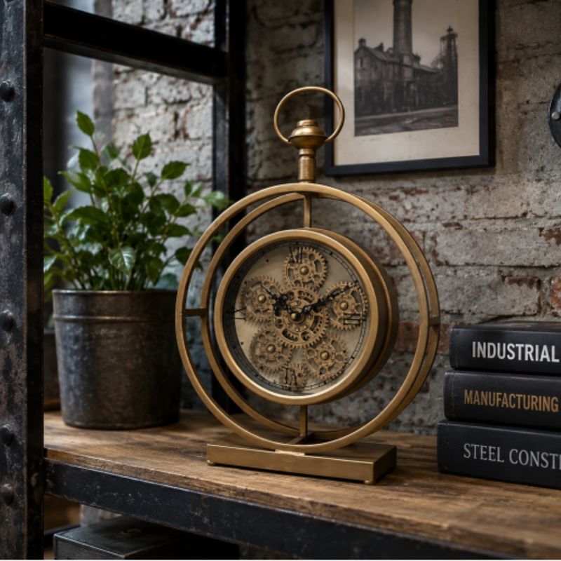 Antique-brass table clock with an open circular frame, Roman numerals and decorative visible cogs.