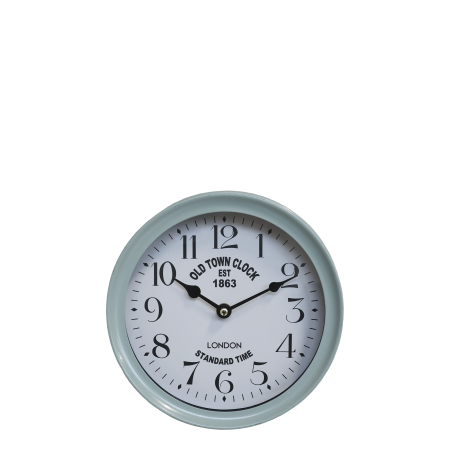 Round blue-grey wall clock with a white face, black numerals, vintage lettering and black hands.

