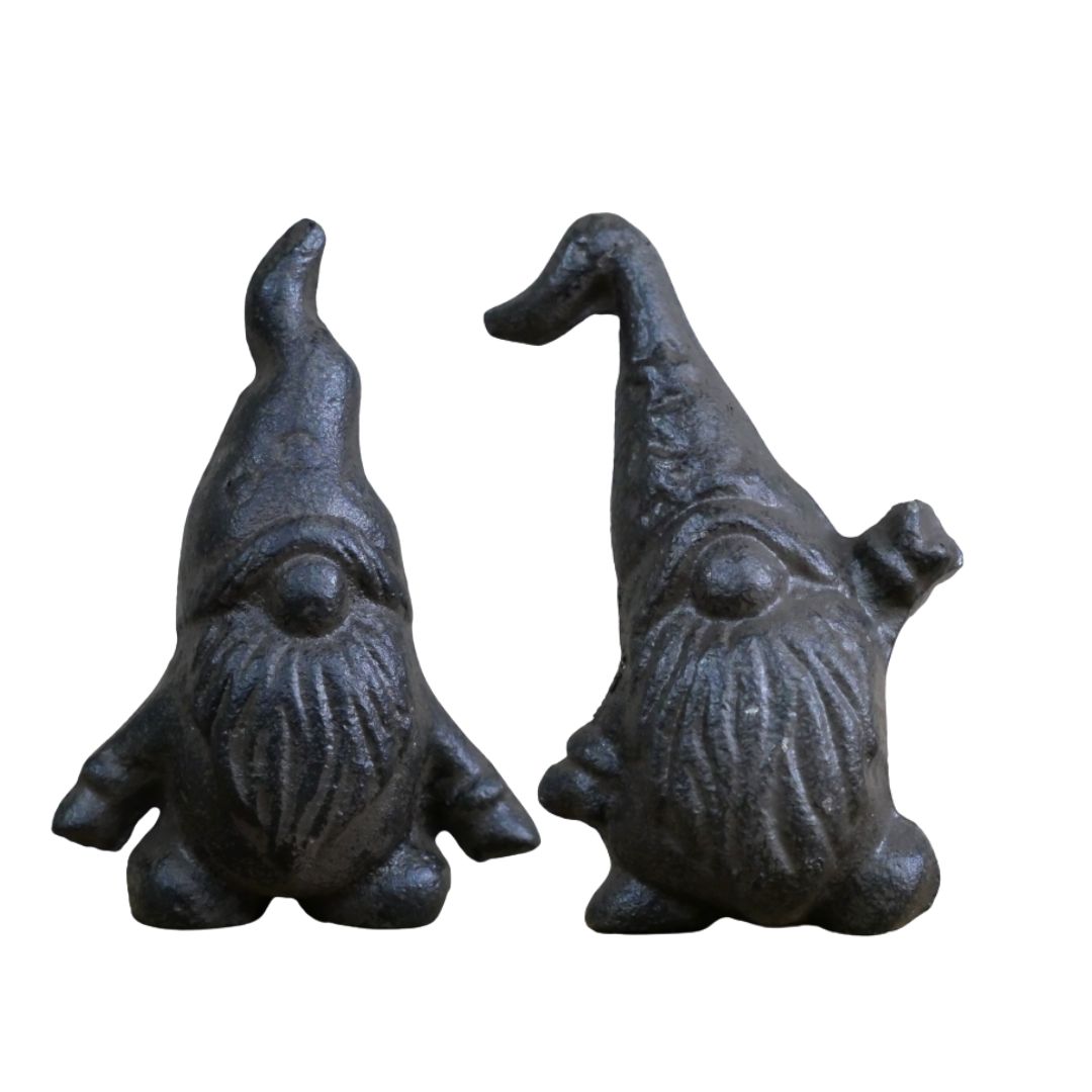 Bramble & Bracken Cast Iron Garden Gnomes Two small black cast iron garden gnomes with pointed hats, round noses and textured beards.