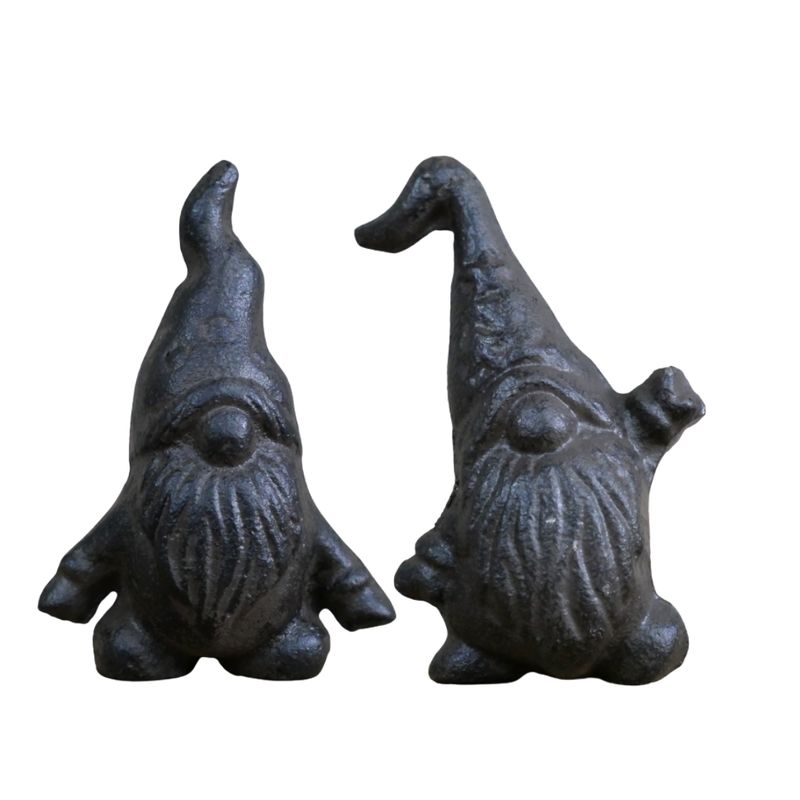 Bramble & Bracken Cast Iron Garden Gnomes Two small black cast iron garden gnomes with pointed hats, round noses and textured beards.