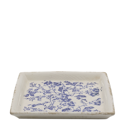 Delicate indigo flowers and winding foliage inspired by the quiet beauty of country hedgerows ceramic tray