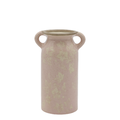 A rounded blush-pink ceramic jug with a curved handle, pouring lip & mottled glaze revealing a faint ivy pattern Vase