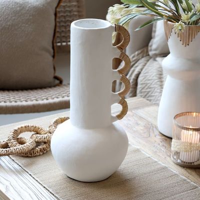A sculptural white vase with woven loop details, bringing natural texture and understated character to any room.