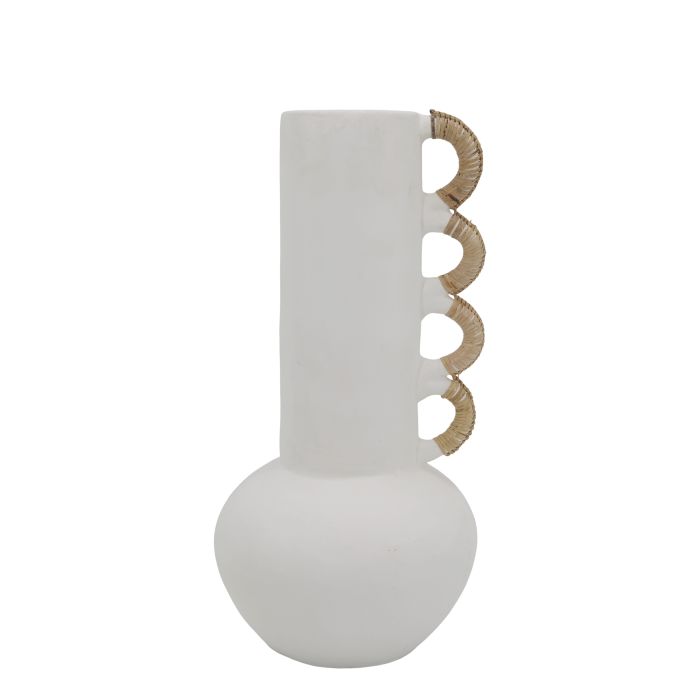 A sculptural white vase with woven loop details, bringing natural texture and understated character to any room.
