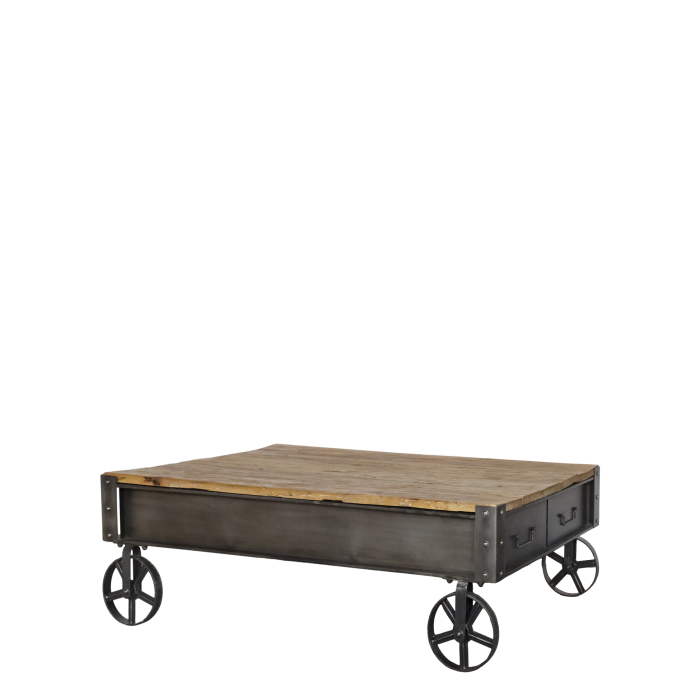 Industrial trolley coffee table with a timber top, dark metal frame and four iron wheels.
