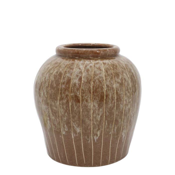 Mocca Grove Ribbed Vase Rounded brown ceramic vase with a short neck, fine vertical grooves and a softly weathered cream glaze.