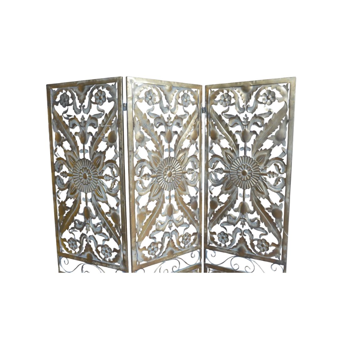 Three-panel gold metal room divider with intricate floral cut-out detailing and an elegant vintage-inspired finish.