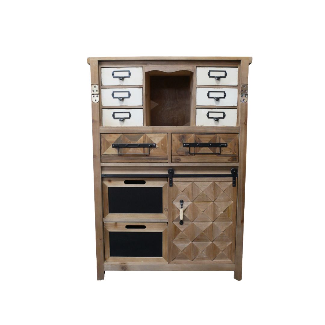 Old Workshop bureau with fold-down writing desk, apothecary-style drawers, geometric wood detailing and practical storage.