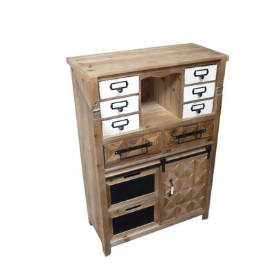 Old Workshop bureau with fold-down writing desk, apothecary-style drawers, geometric wood detailing and practical storage.