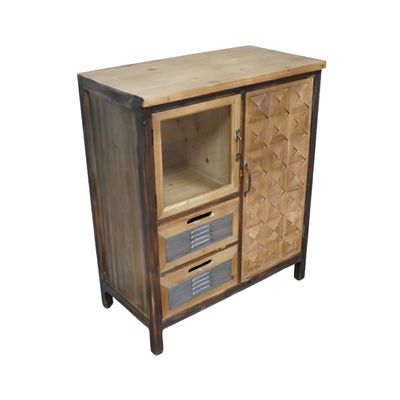 Old Workshop cabinet with geometric timber detailing, glazed cupboard, metal-fronted drawers and contrasting wood finishes.