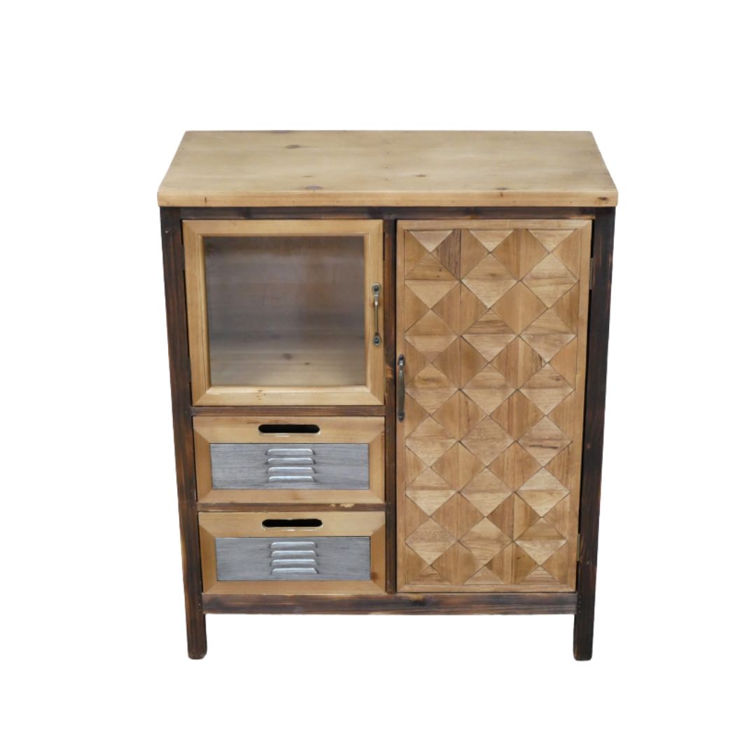 Old Workshop cabinet with geometric timber detailing, glazed cupboard, metal-fronted drawers and contrasting wood finishes.