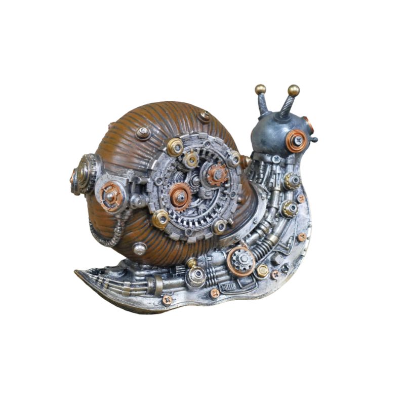 Steampunk snail ornament with intricate cogs, gears and pipes, finished in aged silver, copper and bronze tones.