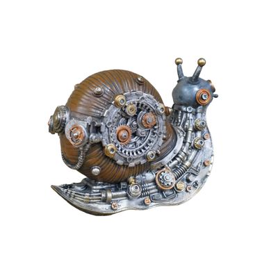 Steampunk snail ornament with intricate cogs, gears and pipes, finished in aged silver, copper and bronze tones.