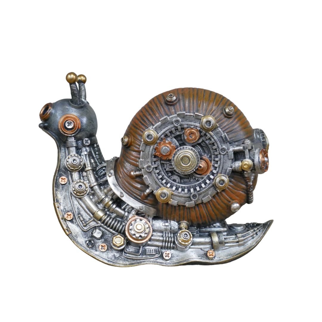 Steampunk snail ornament with intricate cogs, gears and pipes, finished in aged silver, copper and bronze tones.