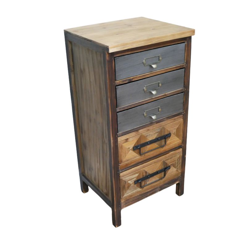 Old Workshop five-drawer chest with mixed timber finishes, geometric detailing, metal handles and vintage label holders.