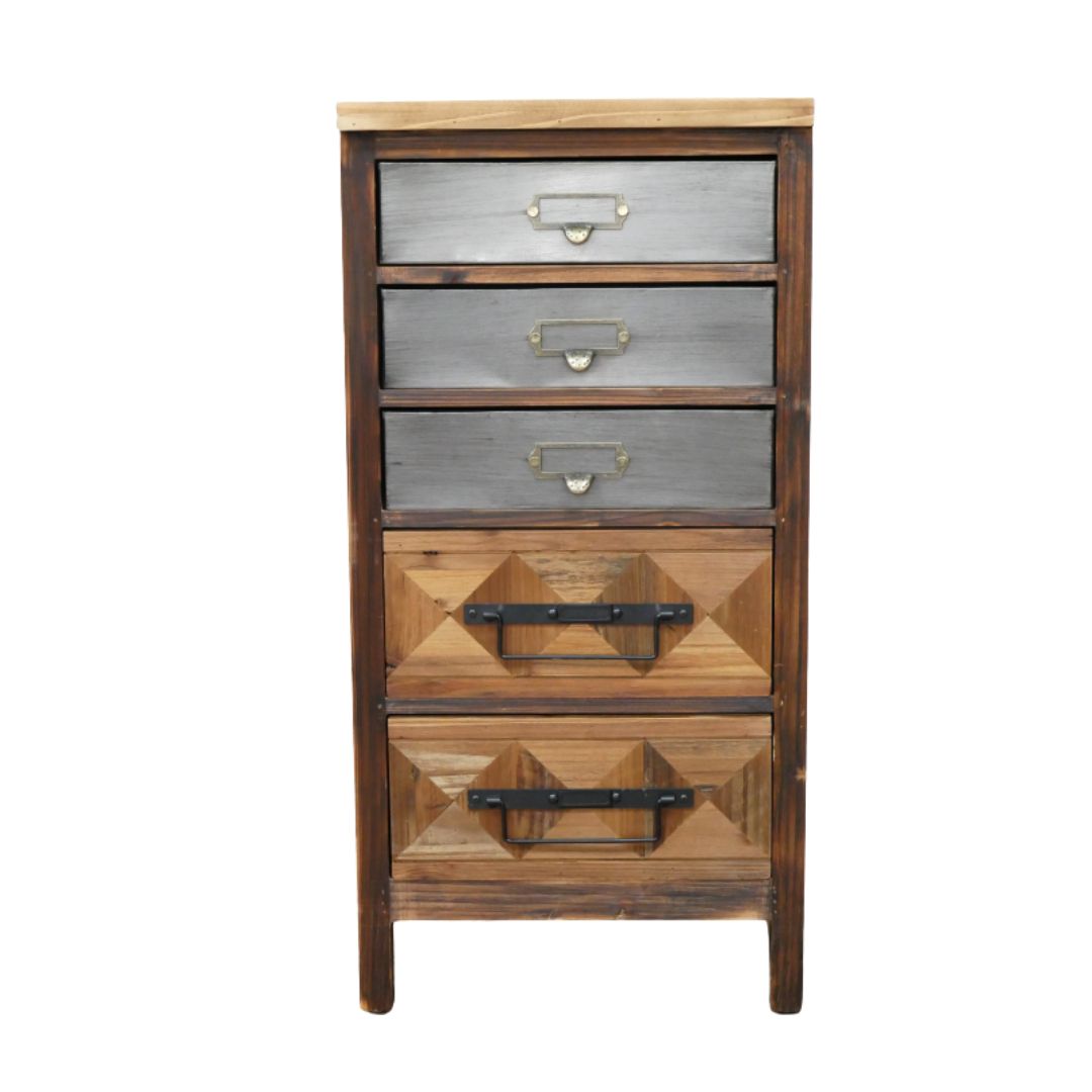 Old Workshop five-drawer chest with mixed timber finishes, geometric detailing, metal handles and vintage label holders.