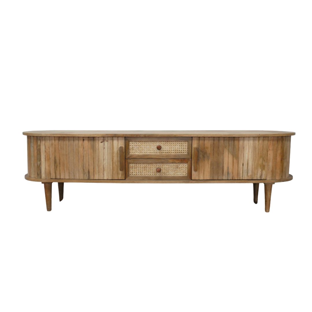 Wytham Media Unit Low wooden TV cabinet with curved ends, fluted doors, two cane-fronted drawers and tapered legs.