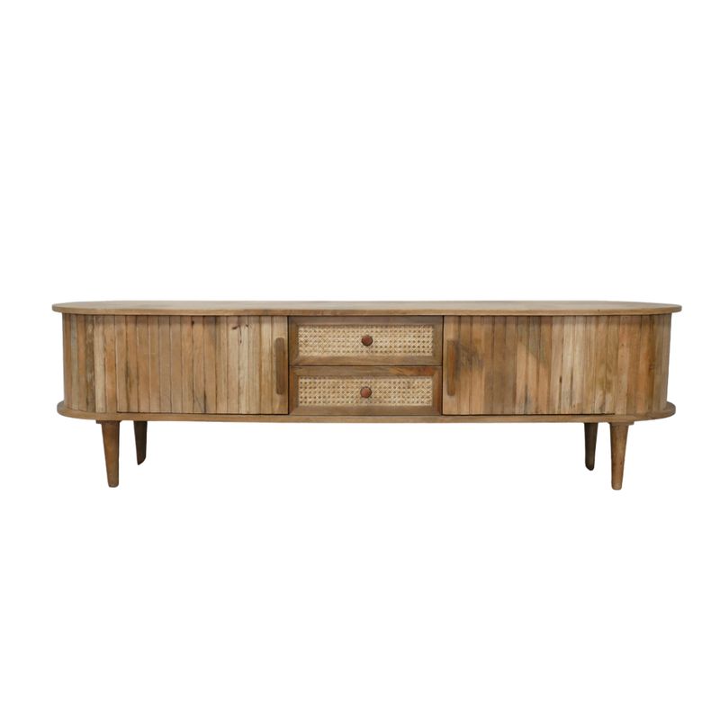 Low wooden TV cabinet with curved ends, fluted doors, two cane-fronted drawers and tapered legs.
