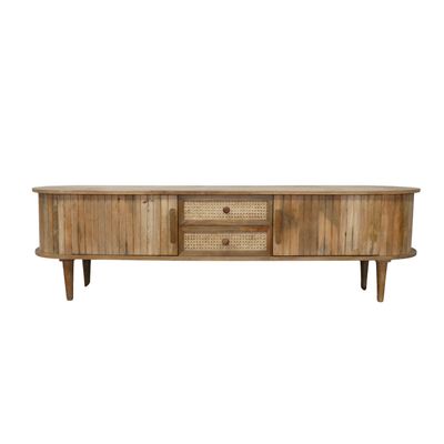 Low wooden TV cabinet with curved ends, fluted doors, two cane-fronted drawers and tapered legs.