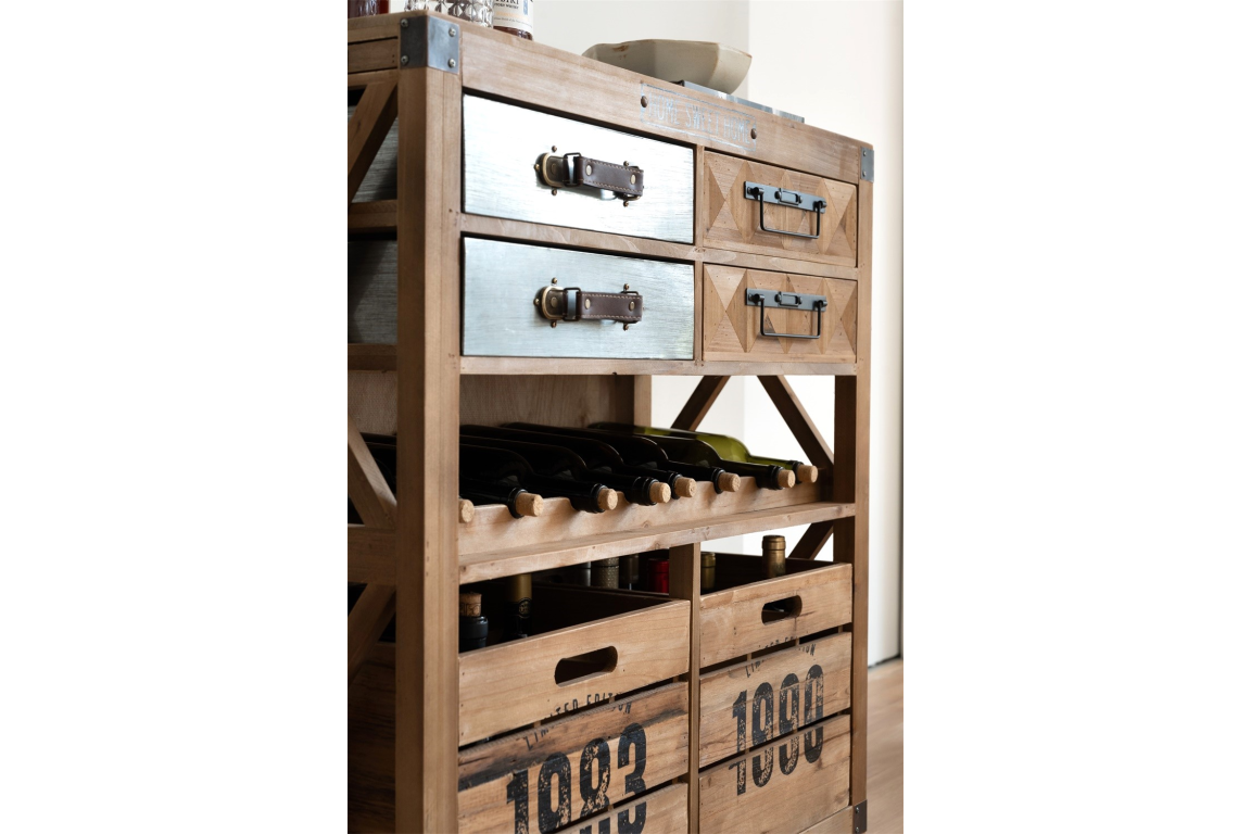 Natural wood wine cabinet on castors with bottle rack, mixed metal and geometric drawers, and two large crate-style drawers.
