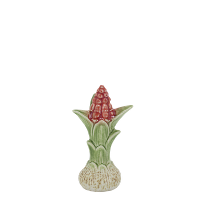 The Botanical Hyacinth Bulb - Raspberry Finish Ceramic Botanical Hyacinth Bulb ornament with textured cream bulb, green leaves and delicate raspberry flowers.