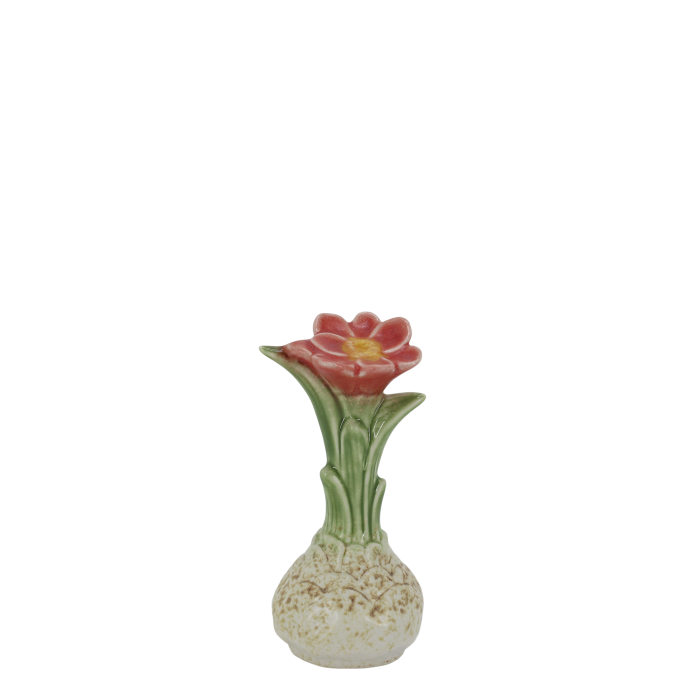 Ceramic Botanical Coral Bloom ornament with textured cream bulb, green leaves and a coral-red flower with yellow centre.
