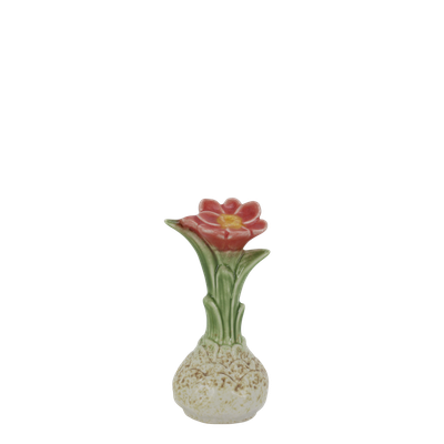 The Botanical Coral Bloom Ceramic Botanical Coral Bloom ornament with textured cream bulb, green leaves and a coral-red flower with yellow centre.
