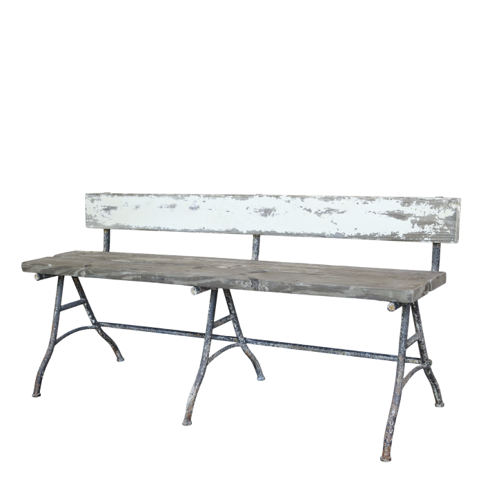 The Château Bench Rustic Château Bench with weathered wooden seat, distressed white backrest and aged metal frame in French farmhouse