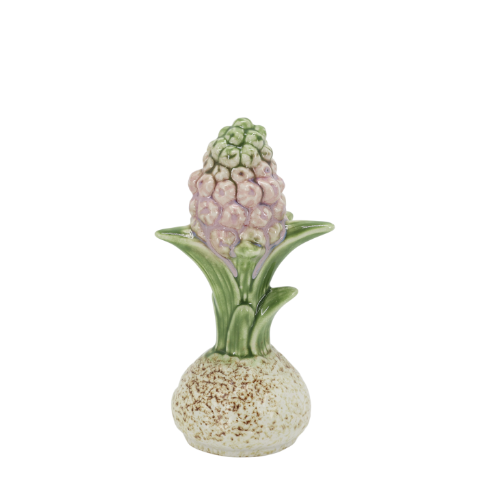 The Botanical Hyacinth Bulb - Lavender Finish Ceramic Botanical Hyacinth Bulb ornament with textured cream bulb, green leaves and delicate lavender flowers.