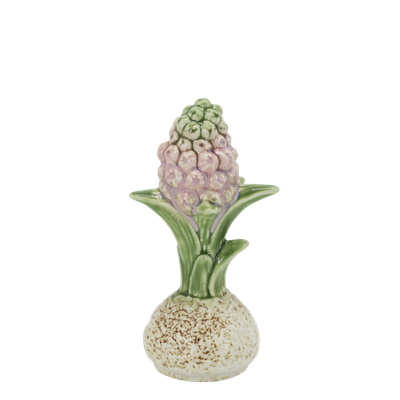 The Botanical Hyacinth Bulb - Lavender Finish Ceramic Botanical Hyacinth Bulb ornament with textured cream bulb, green leaves and delicate lavender flowers.