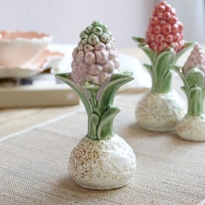 Ceramic Botanical Hyacinth Bulb ornament with textured cream bulb, green leaves and delicate lavender flowers.