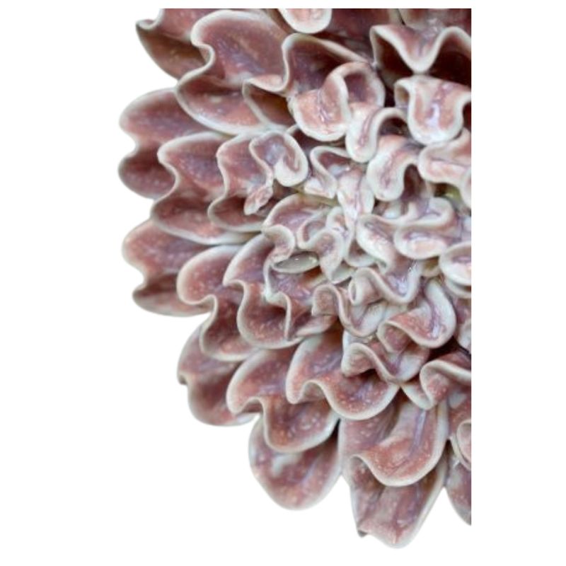 Ceramic Botanical Coral Dahlia ornament with layers of beautifully ruffled petals in a soft coral glazed finish.