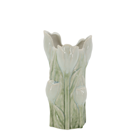 The Botanical Tulip Vase Ceramic Botanical Tulip Vase with sculpted tulip buds, soft green leaves, ivory glaze and an elegant petal-shaped rim.
