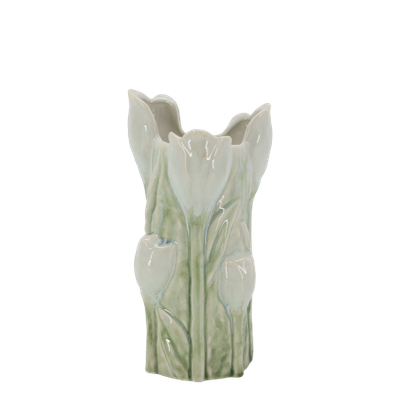 The Botanical Tulip Vase Ceramic Botanical Tulip Vase with sculpted tulip buds, soft green leaves, ivory glaze and an elegant petal-shaped rim.