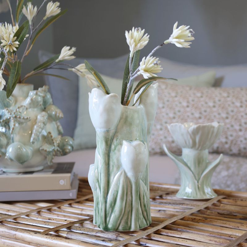 Ceramic Botanical Tulip Vase with sculpted tulip buds, soft green leaves, ivory glaze and an elegant petal-shaped rim.