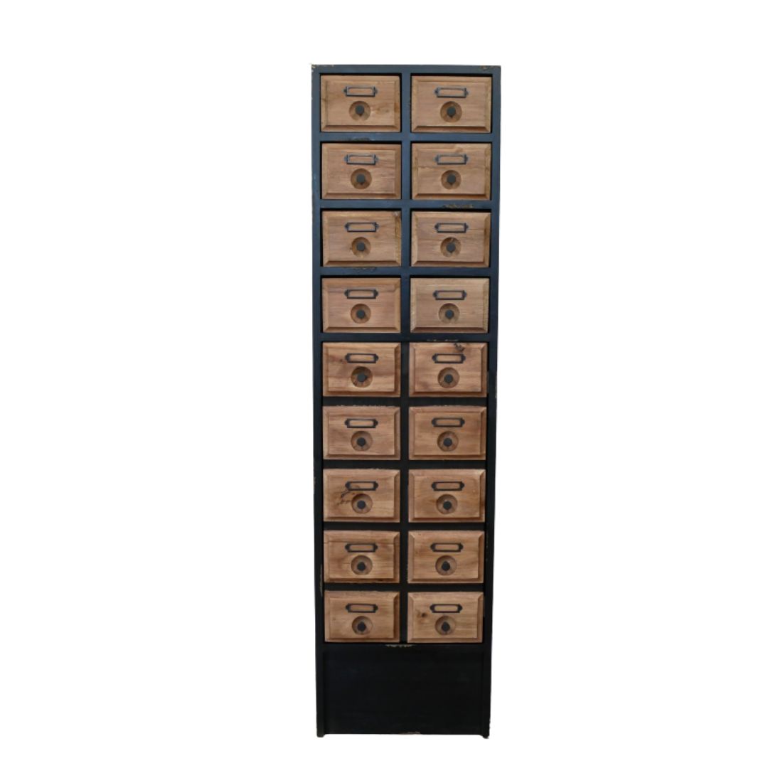 Keeper’s Drawer Cabinet Tall black and natural wood storage cabinet with multiple small drawers, metal label holders and circular drawer pulls.