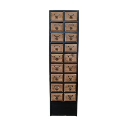 Tall black and natural wood storage cabinet with multiple small drawers, metal label holders and circular drawer pulls.