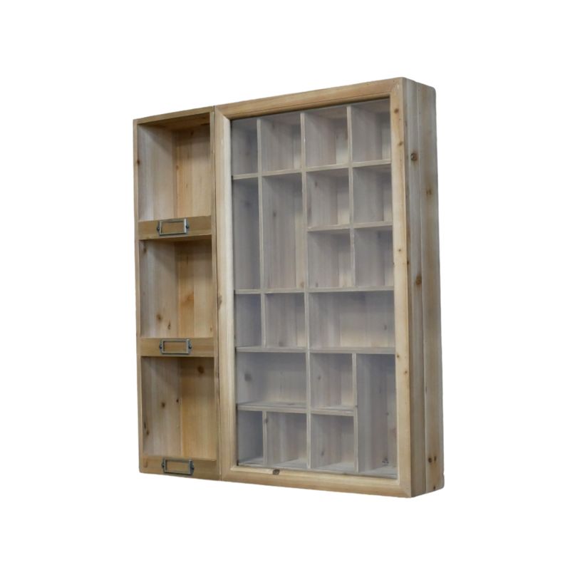 Curator’s Display Cabinet Wall Unit Natural wood display cabinet with a glazed door, varied cubbyholes, open shelves and vintage-style metal label holders.