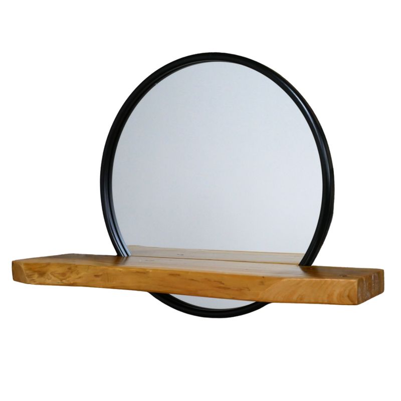 Black Frame Wall Mirror with Natural Wood Shelf Circular black-framed wall mirror with a natural wood shelf, combining simple style with practical display space.