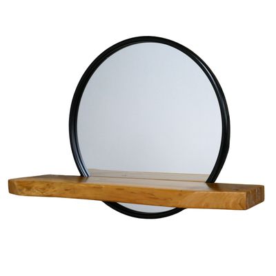 Black Frame Wall Mirror with Natural Wood Shelf Circular black-framed wall mirror with a natural wood shelf, combining simple style with practical display space.
