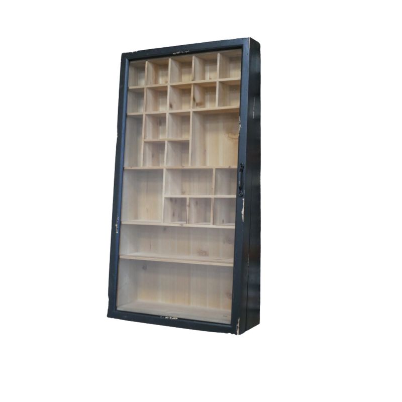 Collector’s Display Cabinet Vintage-style display cabinet with a distressed black frame, glazed front and natural wood shelves in varied sizes.