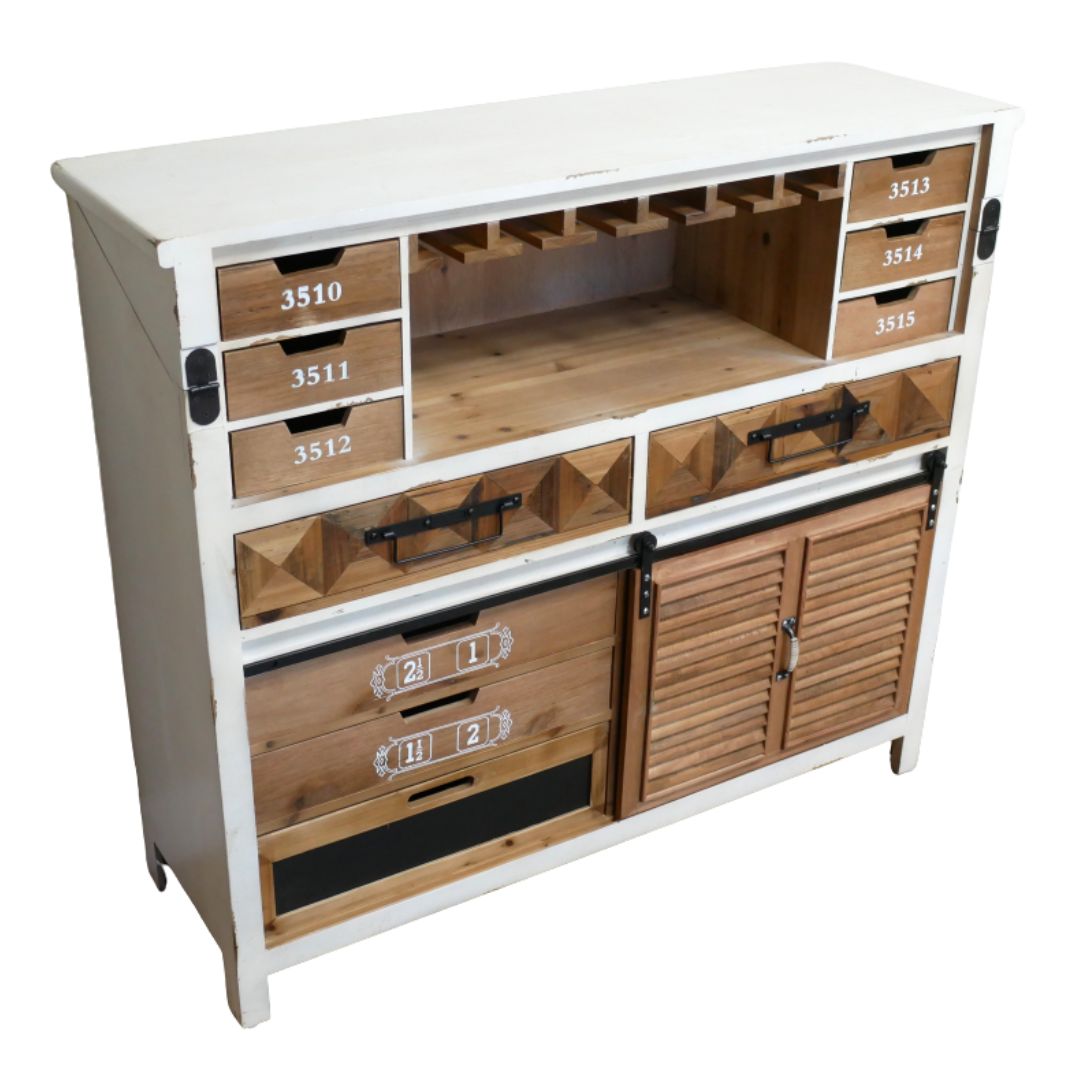 Mercantile Bar Cabinet Vintage-style bar cabinet with numbered drawers, bottle and glass storage, slatted doors and a generous serving surface.