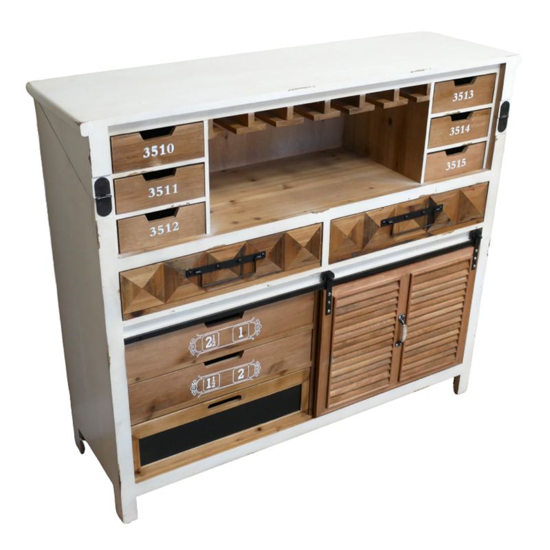 Mercantile Bar Cabinet Vintage-style bar cabinet with numbered drawers, bottle and glass storage, slatted doors and a generous serving surface.