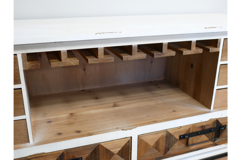 Vintage-style bar cabinet with numbered drawers, bottle and glass storage, slatted doors and a generous serving surface.