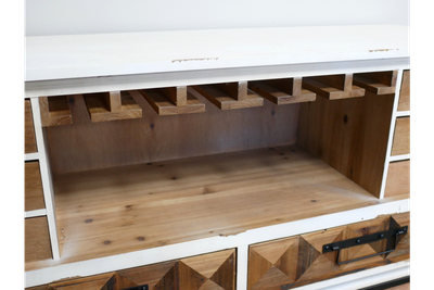 Vintage-style bar cabinet with numbered drawers, bottle and glass storage, slatted doors and a generous serving surface.