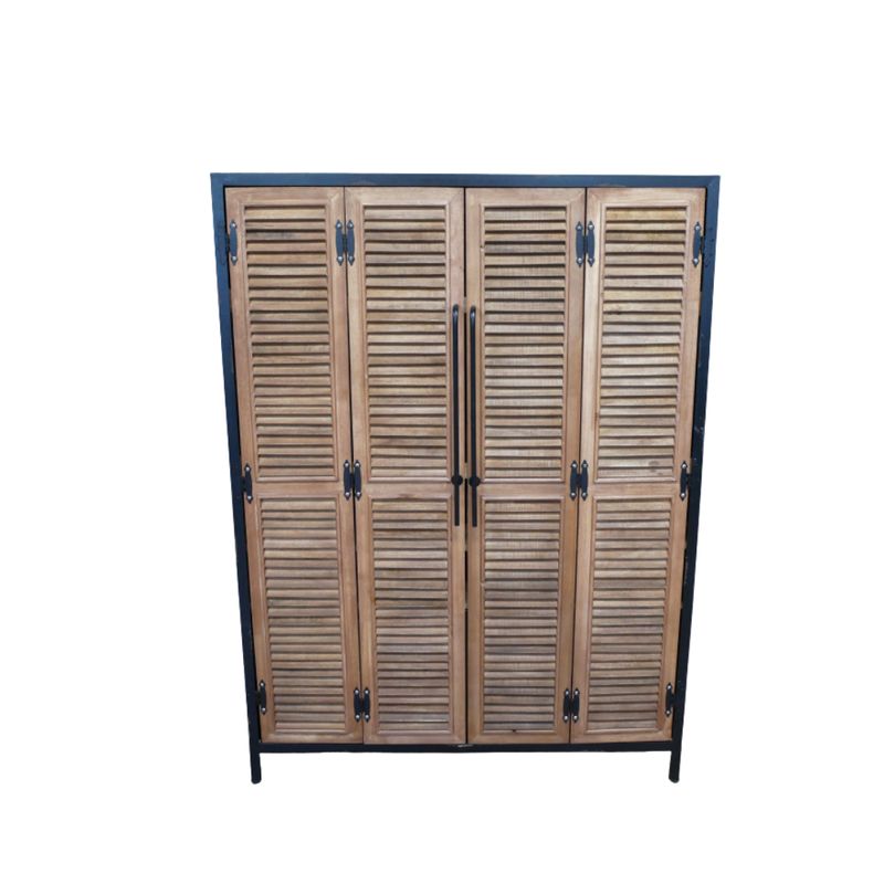 Cellar Keeper’s Cabinet SN: 12337 Unit Price: £239.00 Wooden drinks cabinet with louvred doors, open shelving, wine racks, geometric drawers and black metal details.